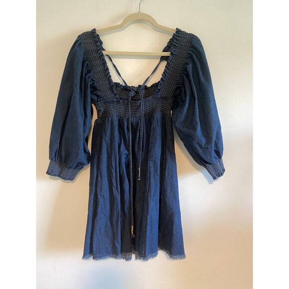 NWT Free People "This is Everything" baby doll Tie smocked Denim Mini Dress XS - Picture 4 of 9